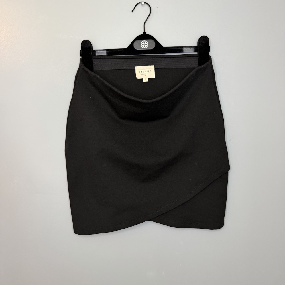 Sezane Black Calvi Skirt Size L Faux Wrap Short Elastic Waist Comfort Chic City